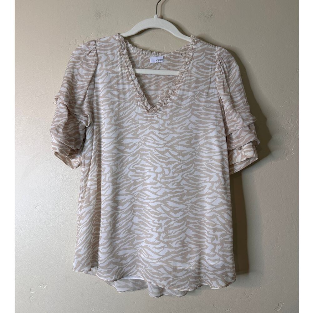 Ecru Tan White Zebra Print V Neck Blouse Ruched Sleeve